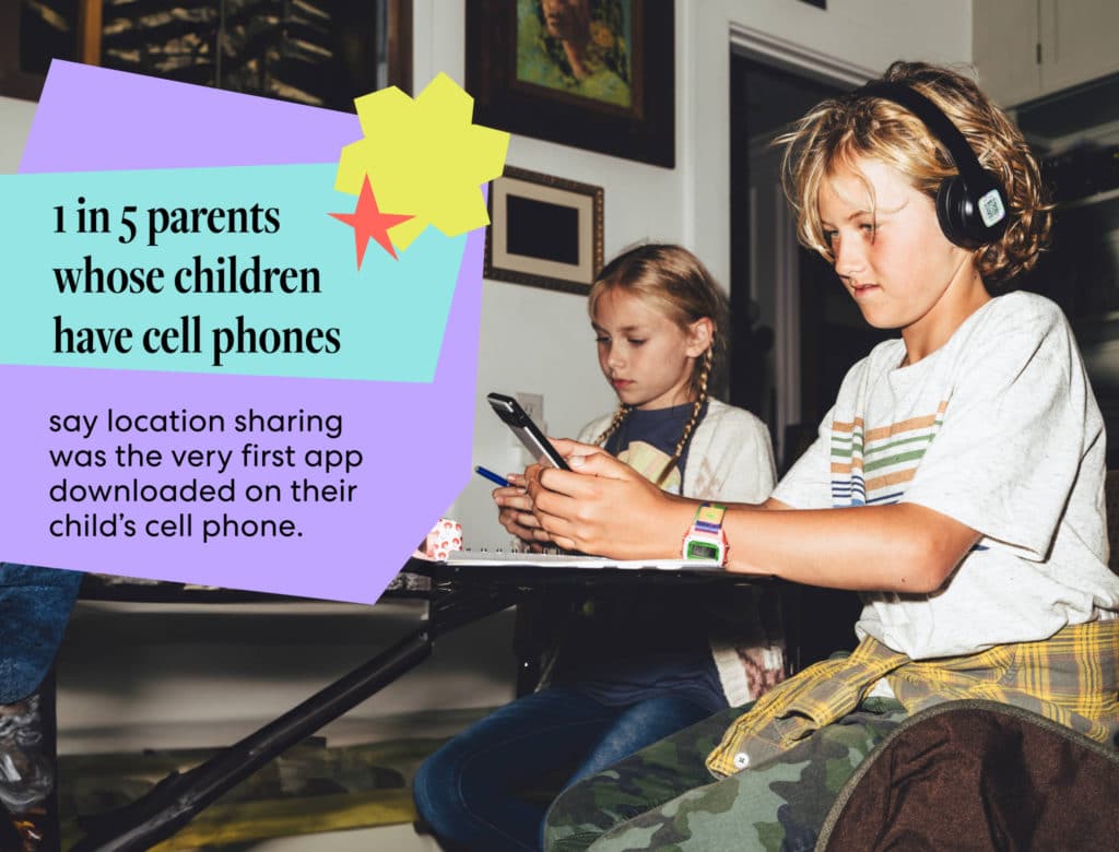 A boy wearing headphones at his desk next to a stat stating 1 in 5 parents of kids with phones downloaded location sharing first.