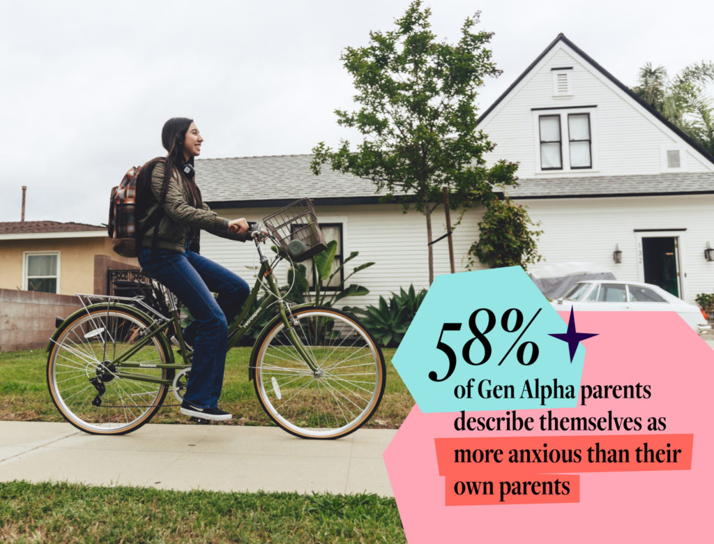 A person riding a bike with a stat stating that 58% of Gen Alpha parents are more anxious than theirs were.