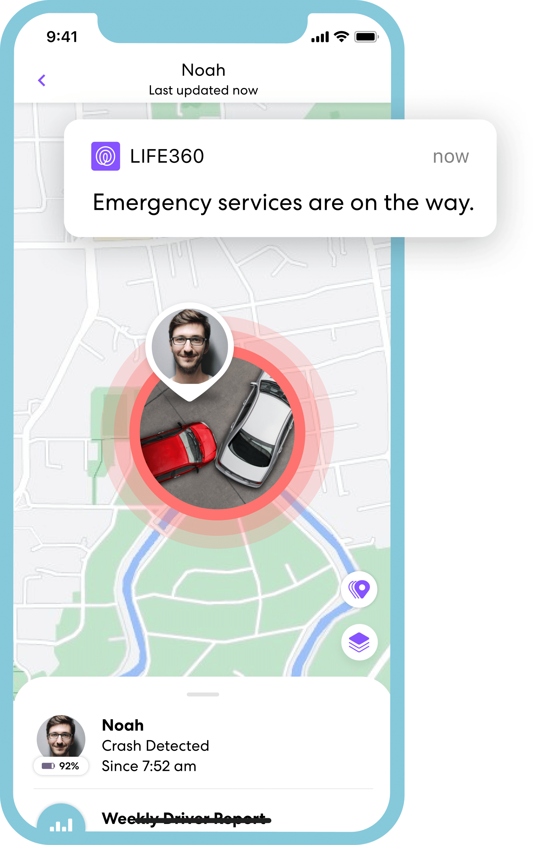 Life360 app showing Crash Detection feature