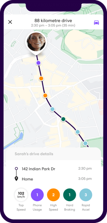 Life360 app screen showing individual drive details