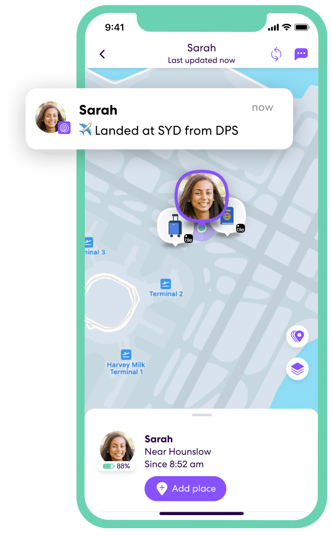 iPhone with a Life360 Map at an Airport with a landing notification