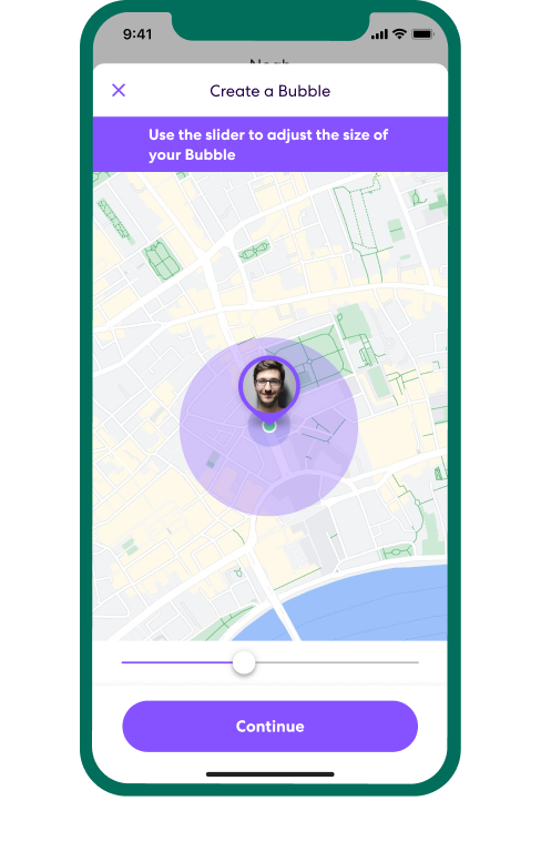 Life360 app on smartphone with the Bubble feature set up