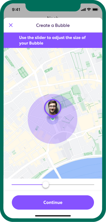 Life360 app on smartphone with the Bubble feature set up