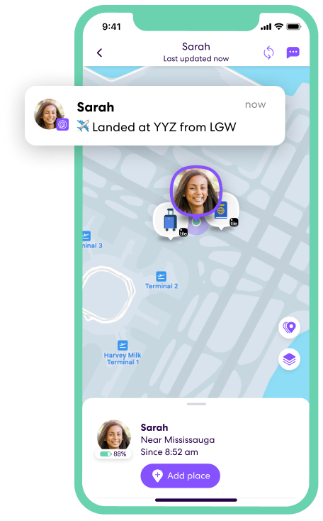 iPhone with a Life360 Map at an Airport with a landing notification