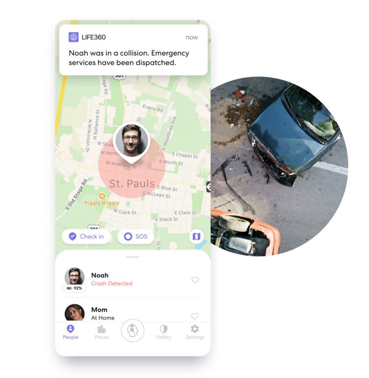 Life360 app with crash detection alert next to an aerial image of a car accident