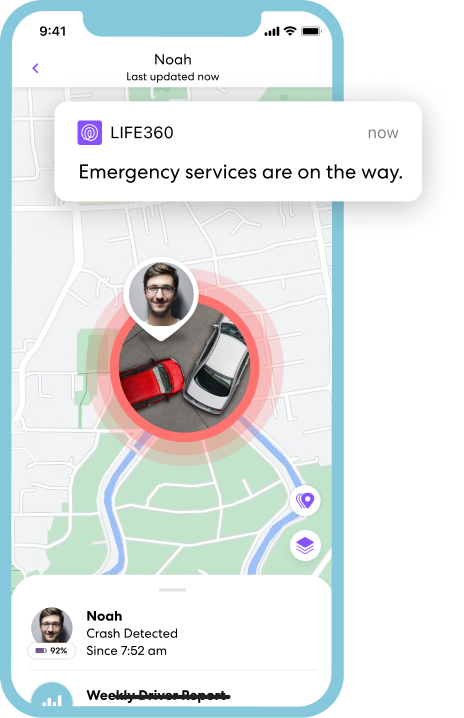 Life360 app showing Crash Detection feature