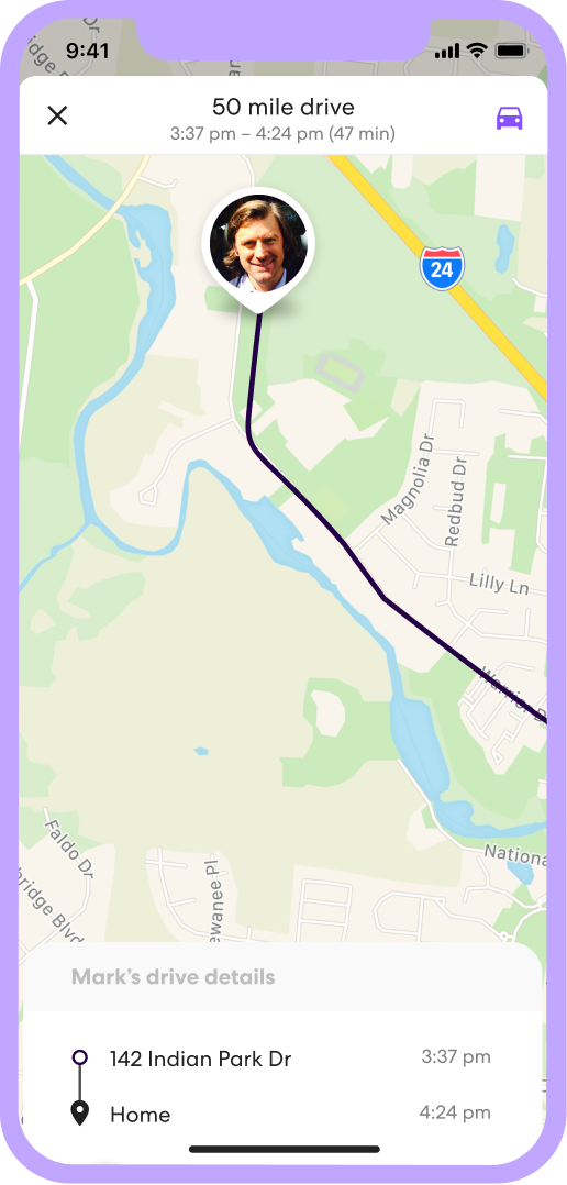 Mobile phone with Life360 app. The Driver Report has a man's icon on the map with a 50 mile drive