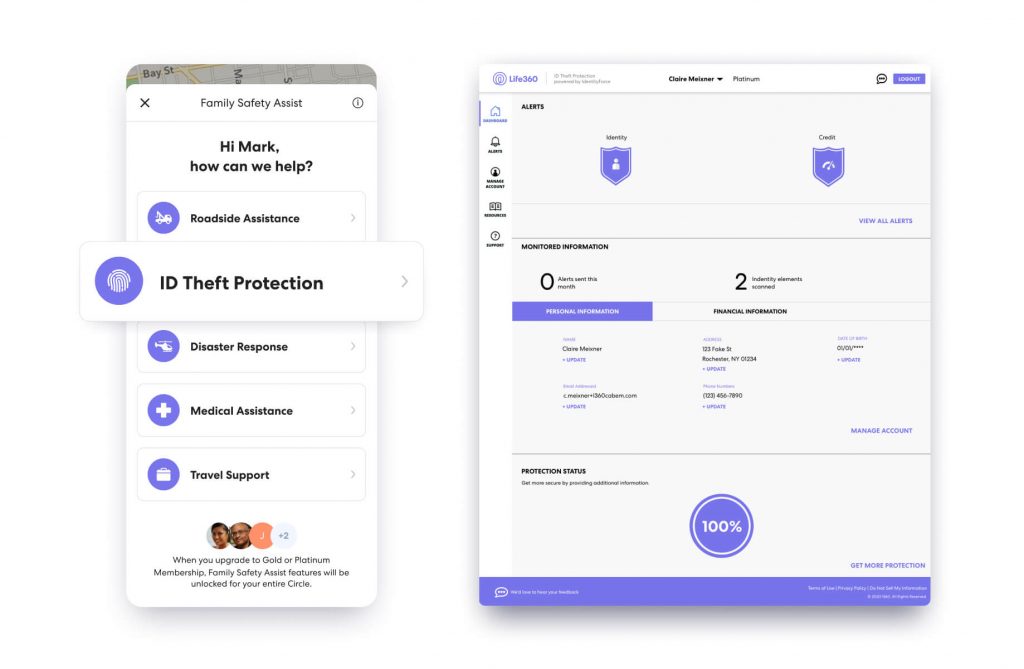 Life360's ID Theft Protection option on Life360 App (web and smart phone)