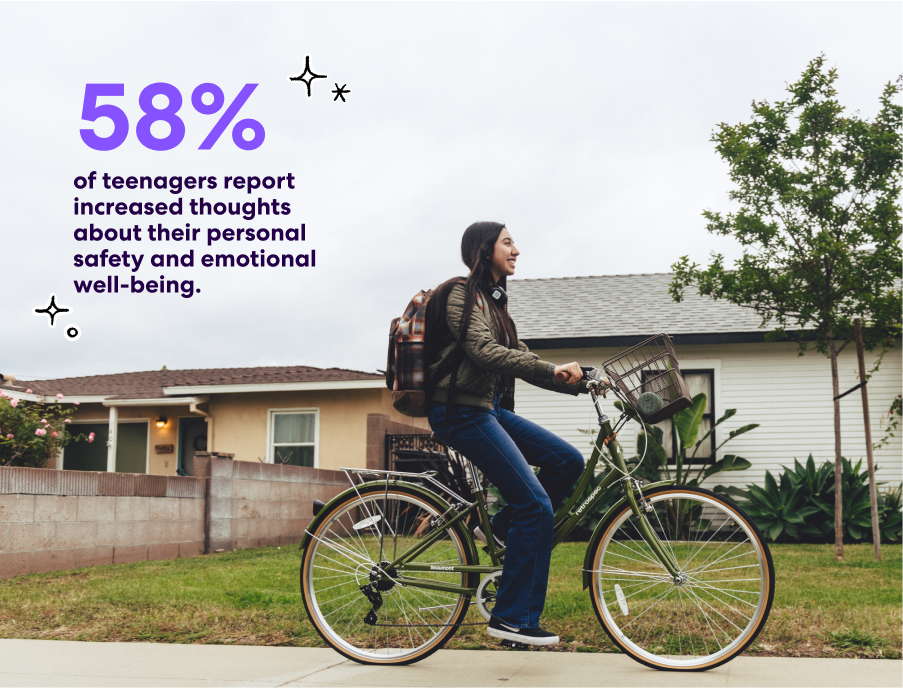 A teen riding a bike with next to a statistic.