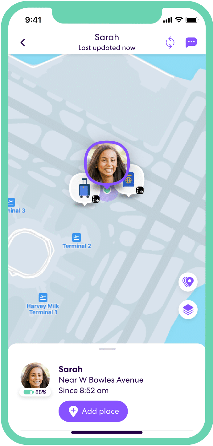 Life360 app open at an airport