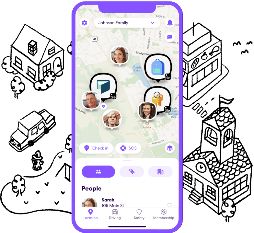 Phone with the Life360 map including location and Tile pins. Illustrations of town center with fountain, cars, and buildings around the phone