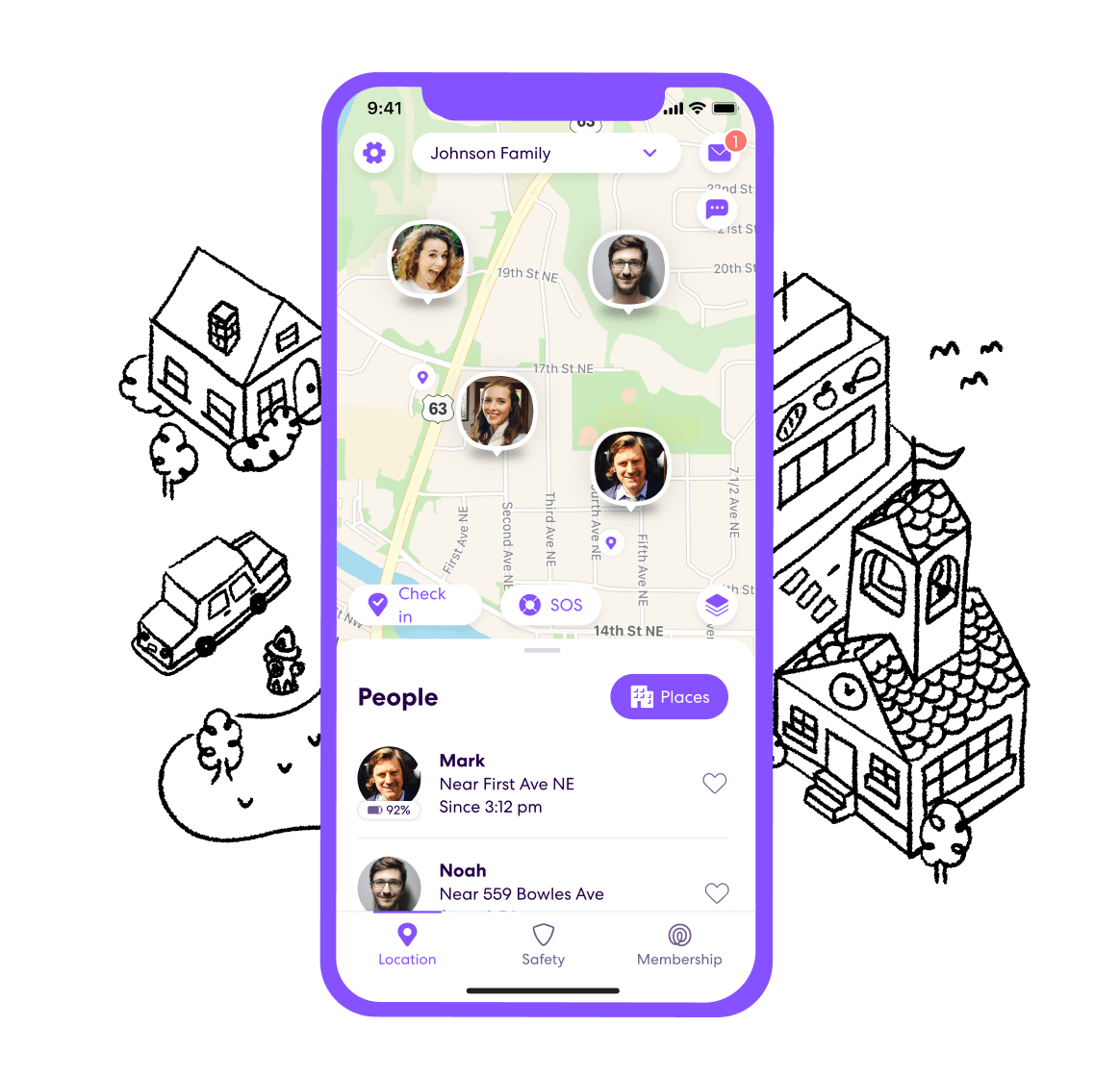 Life360 app showing map in front of illustrated buildings