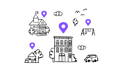 Illustrations of a house, an apartment building, a church, a swing set, and a car with purple location markers over them.