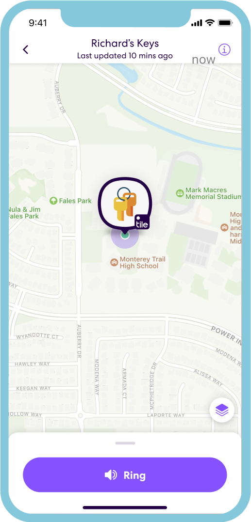 Smartphone screen with Life360 app showing Tile tracker features, tracking keys