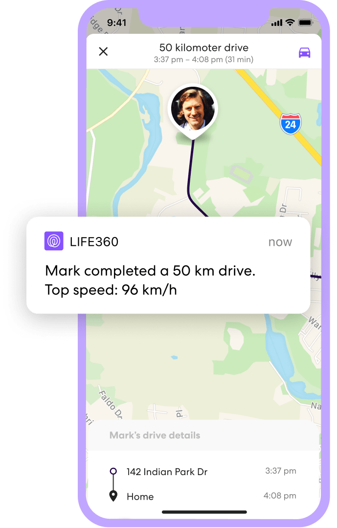 Life360 app open to driving map with a notification reading "mark completed a 50km drive. Top speed 96 km/h"