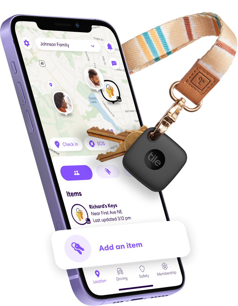 iPhone with Life360 app underneath keychain with Tile Mate attached