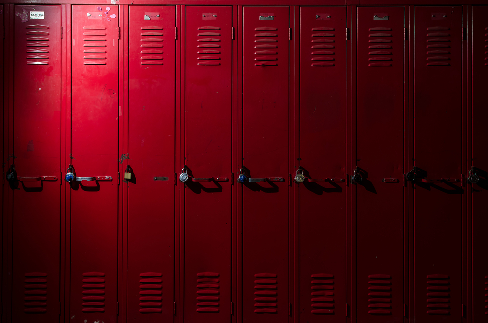 Row of dark red school lockers 