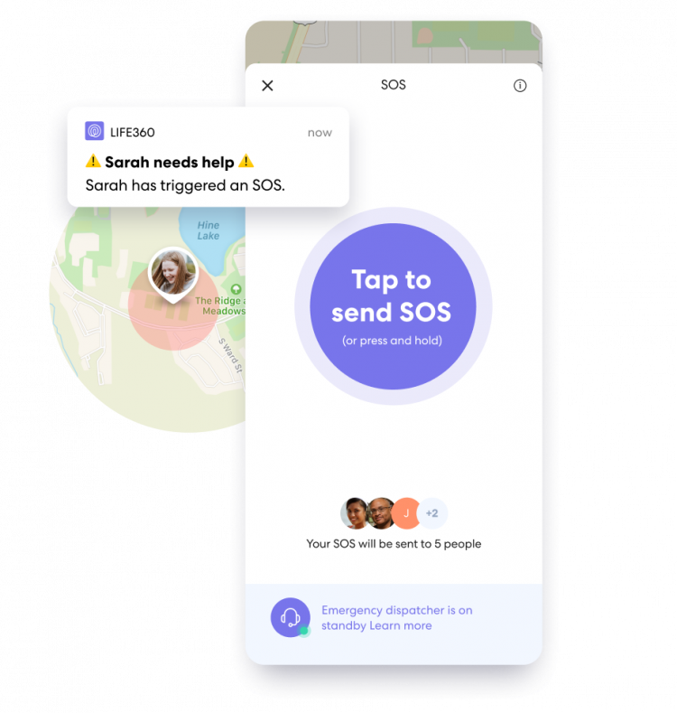 Life360 app with "Tap to send SOS" button on screen