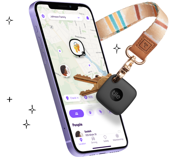 Life360 app on mobile phone and keys with Tile