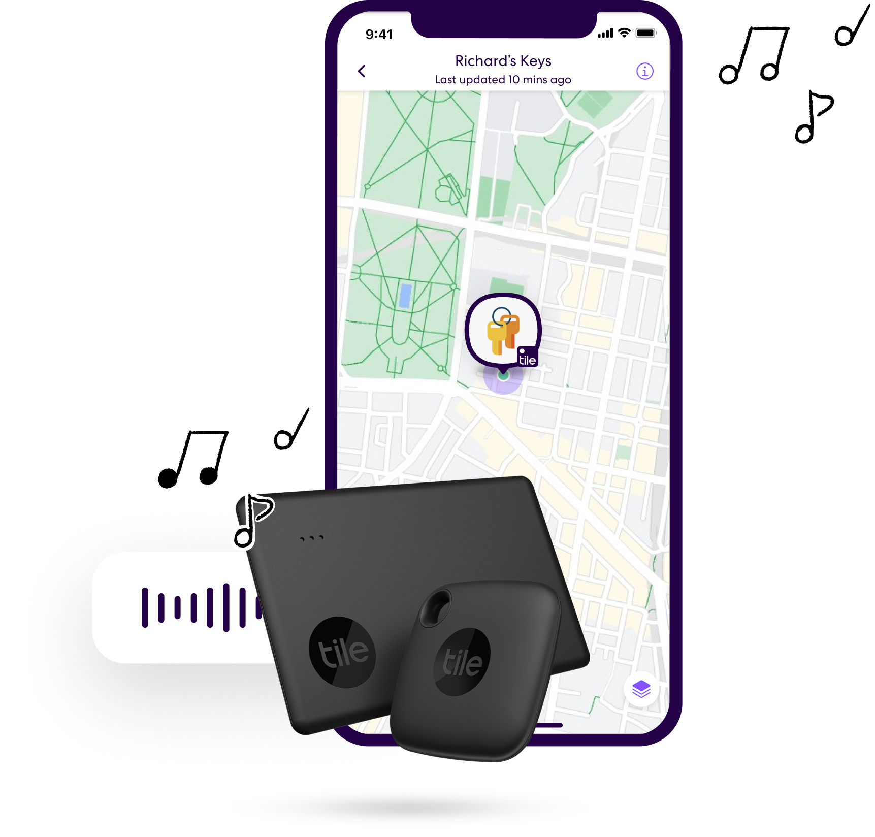 Life360 app with Tile device on map