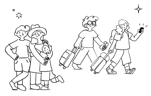 An illustrated group of people traveling.